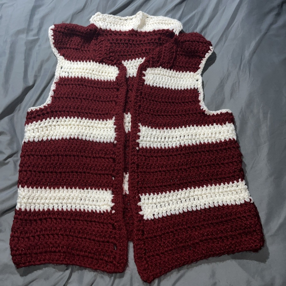 Oversized Crochet Knit Sweater Vest Dark Red & White Horizontal Stripes Collared
